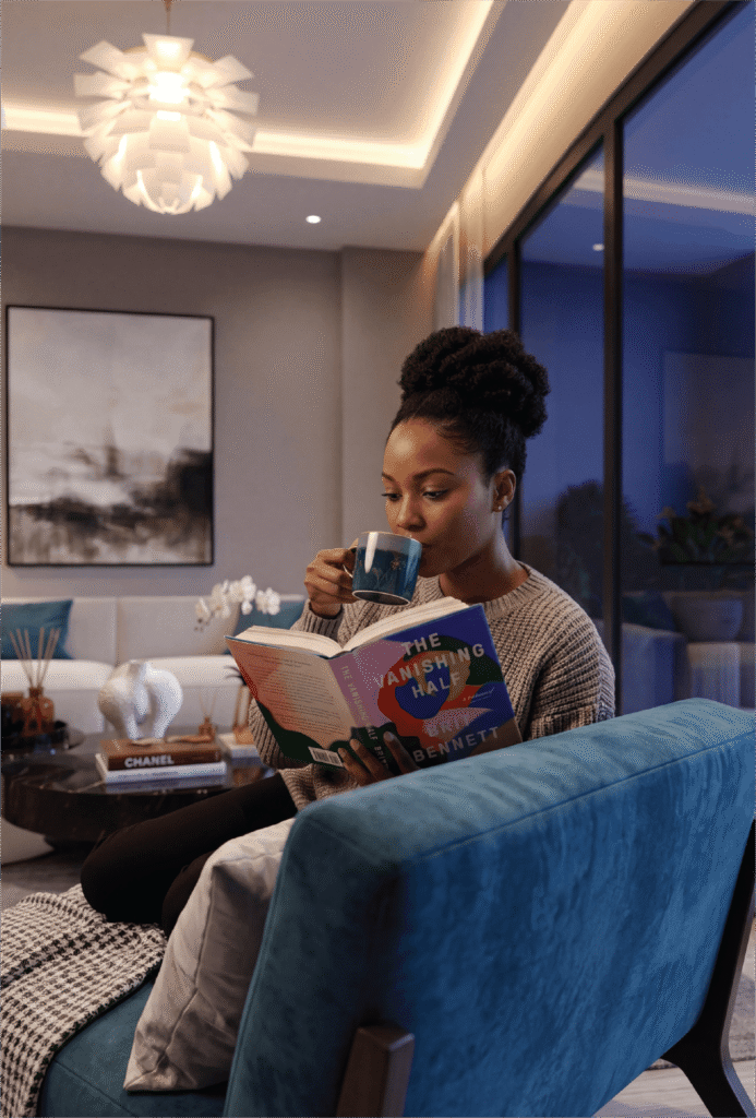 woman-reading-book-modern-living-room-cozy